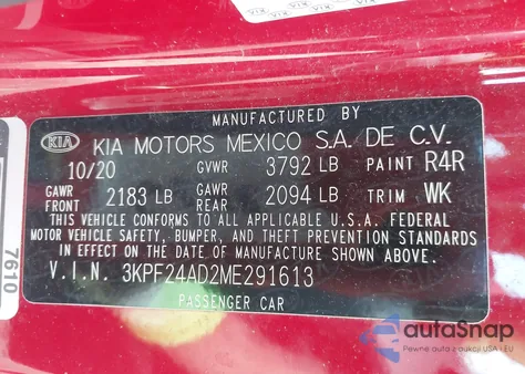 2021 Kia Forte Lxs from USA, damaged, VIN 3KPF24AD2ME291613